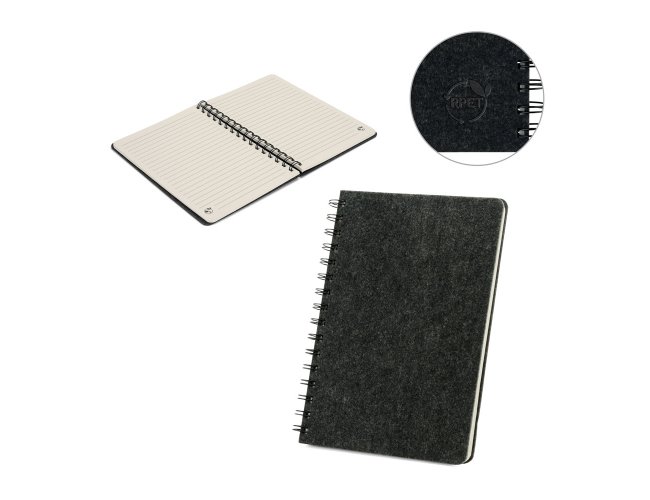 Caderno A5 de capa semi-r�gida em feltro 100% reciclado, com argolas e 160 p�ginas pautadas