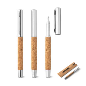 Caneta roller em inox reciclado e cortiça personalizada