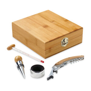 Conjunto para vinho em bambu inox vidro e ABS personalizado