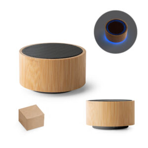 Caixa de som portátil em bambu e ABS com microfone personalizada