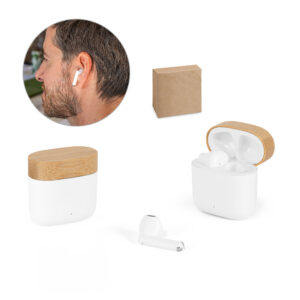 Fone de ouvido wireless em ABS reciclado e bambu personalizado