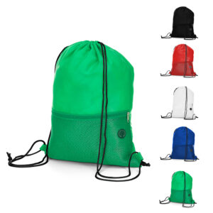 Sacola mochila em poliéster 210D com bolso frontal personalizada