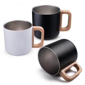 Caneca térmica em inox com alça de madeira 400ml personalizada