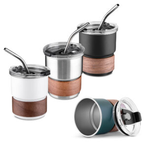 Copo inox com canudo e pegador em fibra de noz 250ml personalizado