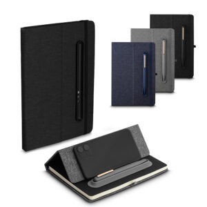 Caderno A5 capa em rPET com suporte para celular personalizado