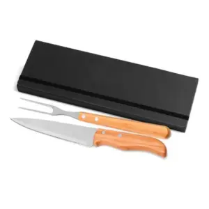 Conjunto garfo e faca em bambu madeira e inox com estojo preto personalizado