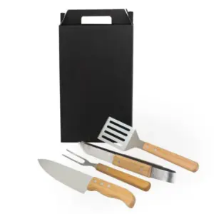 Conjunto para churrasco em inox madeira e bambu 4 peças personalizado