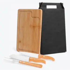 Conjunto para churrasco em bambu madeira e inox Dallas 4 peças personalizado