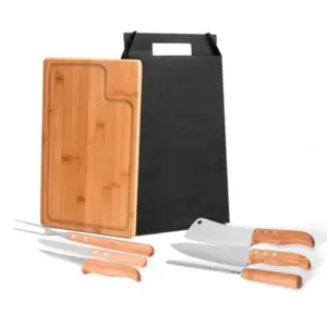 Conjunto para churrasco em bambu madeira e inox Texas 7 peças personalizado