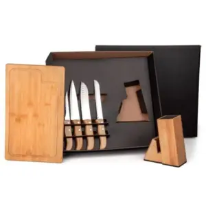 Conjunto para cozinha com cepo em bambu madeira e inox 6 peças personalizado