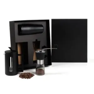 Kit cafeteira prensa moedor e copo dupla camada 3 peças personalizado