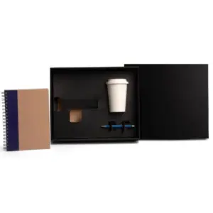 Kit copo em bambu caderno e caneta azul personalizado