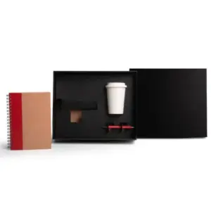 Kit copo em bambu caderno e caneta vermelho personalizado