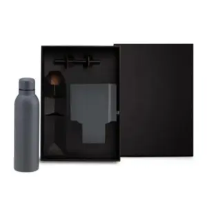 Kit garrafa caderno e caneta roller cinza personalizado