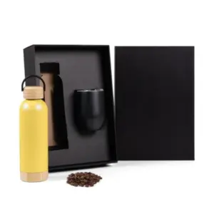 Kit garrafa e copo térmico amarelo e preto personalizado