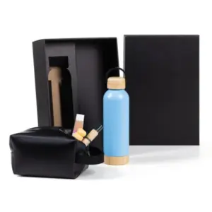 Kit garrafa e nécessaire azul e preto personalizado