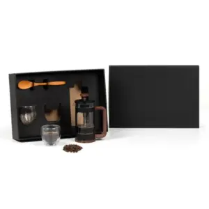 Kit para café cafeteira prensa amadeirada e copos parede dupla personalizado