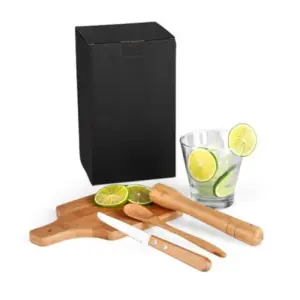 Kit para caipirinha em bambu com copo 350ml em vidro 5 peças personalizado