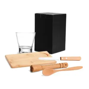Kit para caipirinha em bambu com copo em vidro 5 peças personalizado