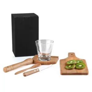 Kit caipirinha Ibiza em bambu com copo 350ml em vidro 6 peças personalizado