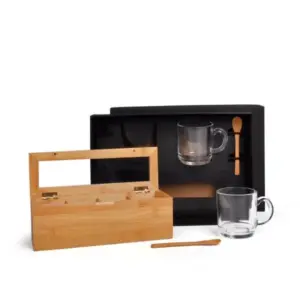 Kit para chá caixa em bambu e canecas em vidro 5 peças personalizado