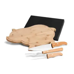 Kit para cozinha com tábua porco em bambu 4 peças personalizado