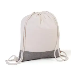 Mochila sacola em algodão reciclado bege e cinza personalizada